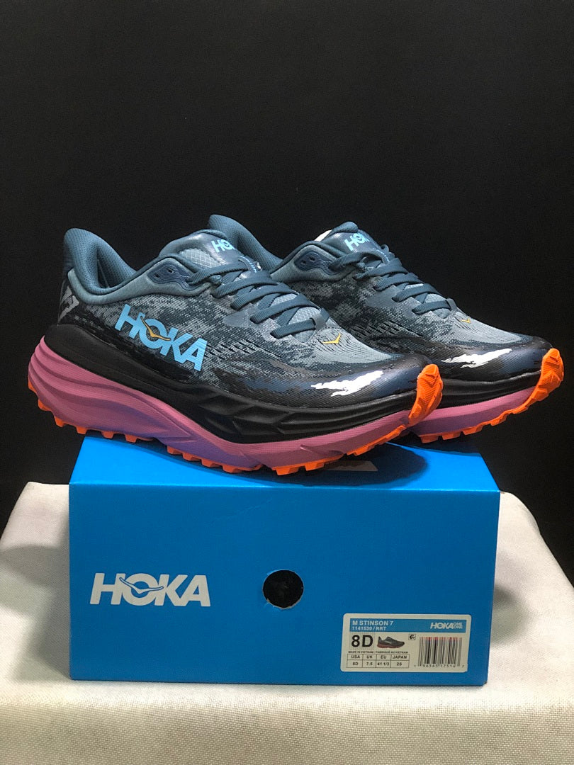 HOKA Stinson 7 Trail Running Shoes in Blue and Orange