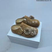 Brown Embellished Backless Slip-On Clogs with Buckle