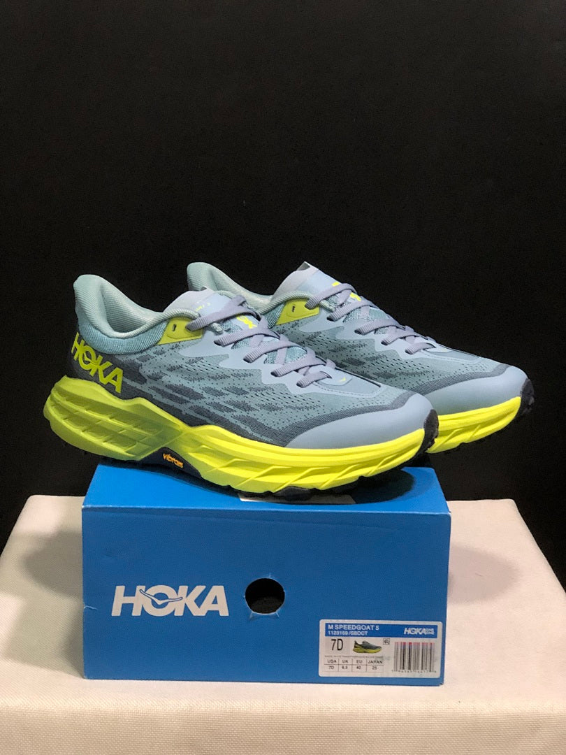 HOKA Speedgoat 5 Trail Running Shoes, Blue and Lime