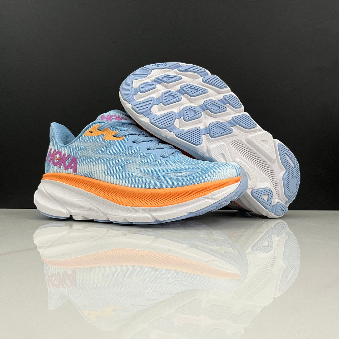 HOKA Clifton 9 Blue and Orange Running Shoes