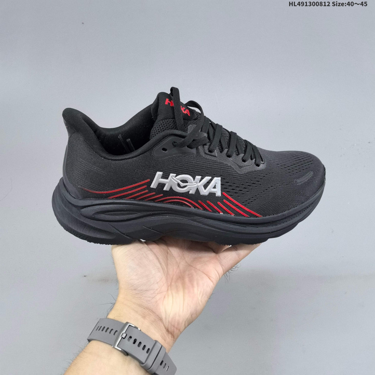 HOKA Clifton 11 Black Running Shoes with Red Accents